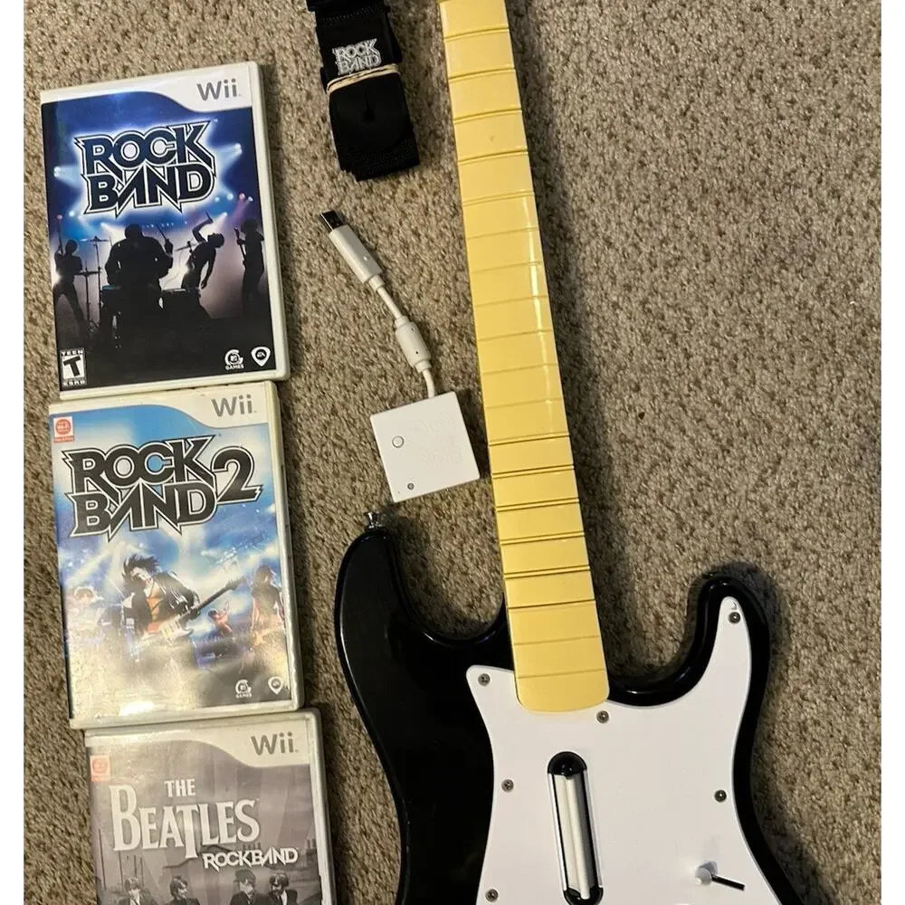 Nintendo Wii Rock Band Guitar w Dongle Strap 1 2 Games RockBand Beatles Tested